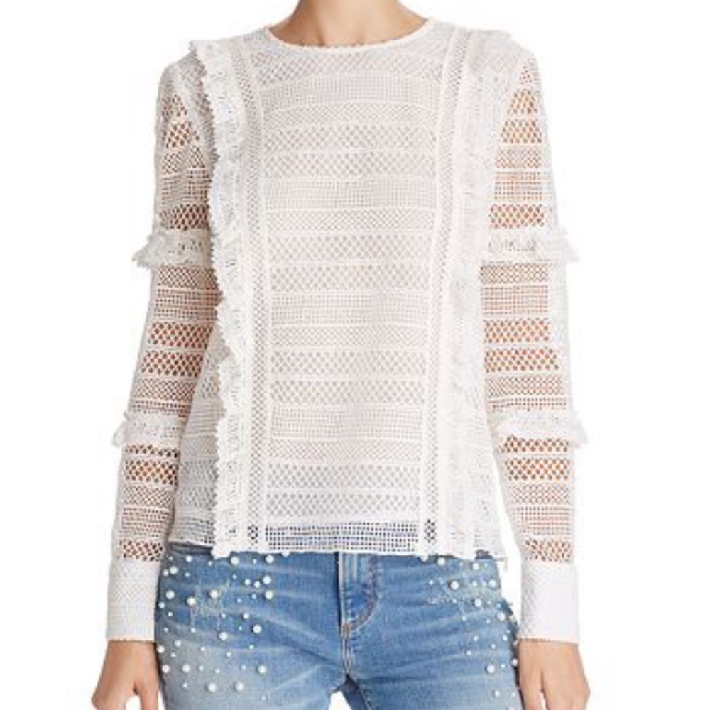 AQUA Crocheted Ruffle White Top